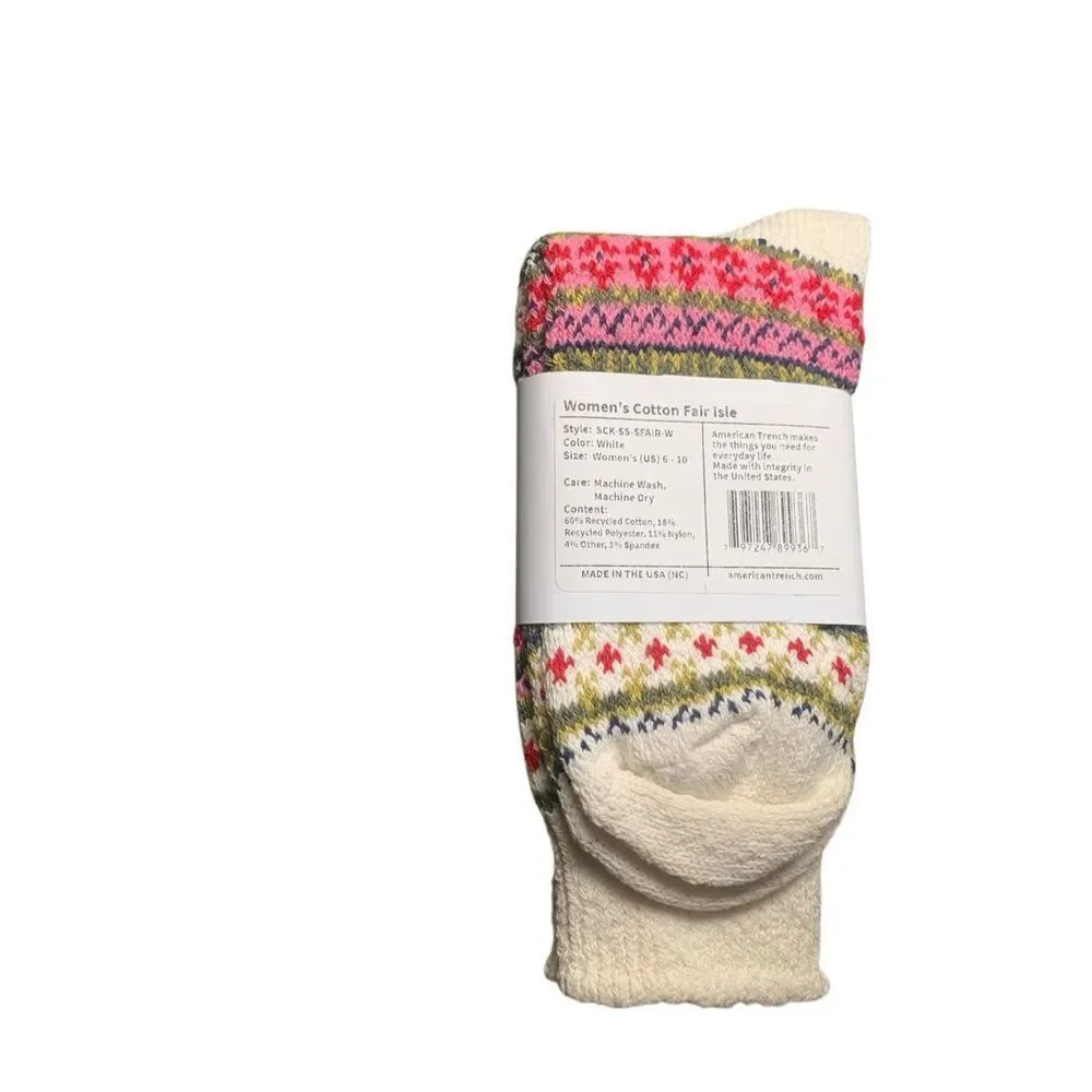 American Trench Women’s Fair Isle Cotton Socks White Size 6–10 Made USA NWT